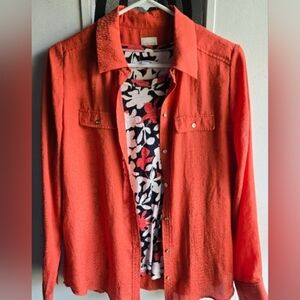 Chicos Rust Button Down Shirt & Floral Long Sleeve Top 2pc Set EUC